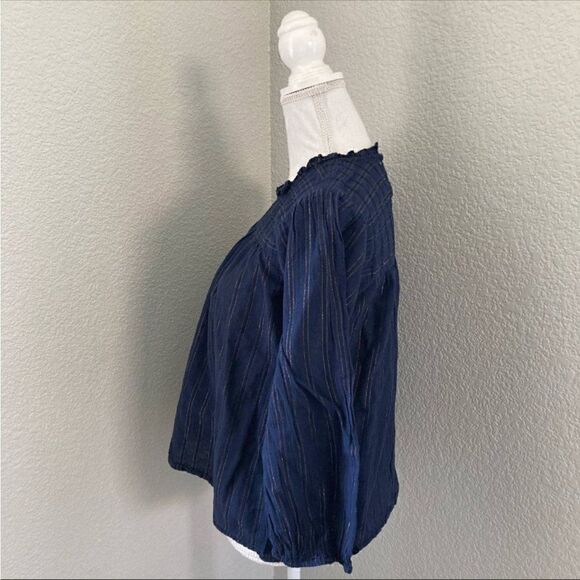 Anthropologie Maeve Navy Striped Long Sleeve Keyhole Back Pleated Blouse Size M - Picture 2 of 9